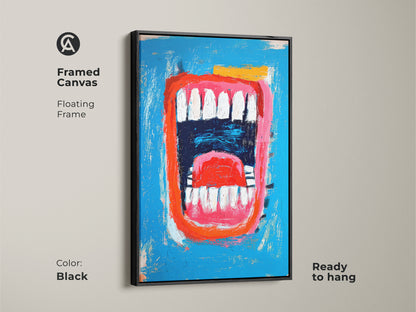Framed canvas of a striking mouth artwork. The canvas is set in a sleek black floating frame. The artwork features a vibrant blue background and a bold red mouth. This piece is ready to hang and adds a modern touch.