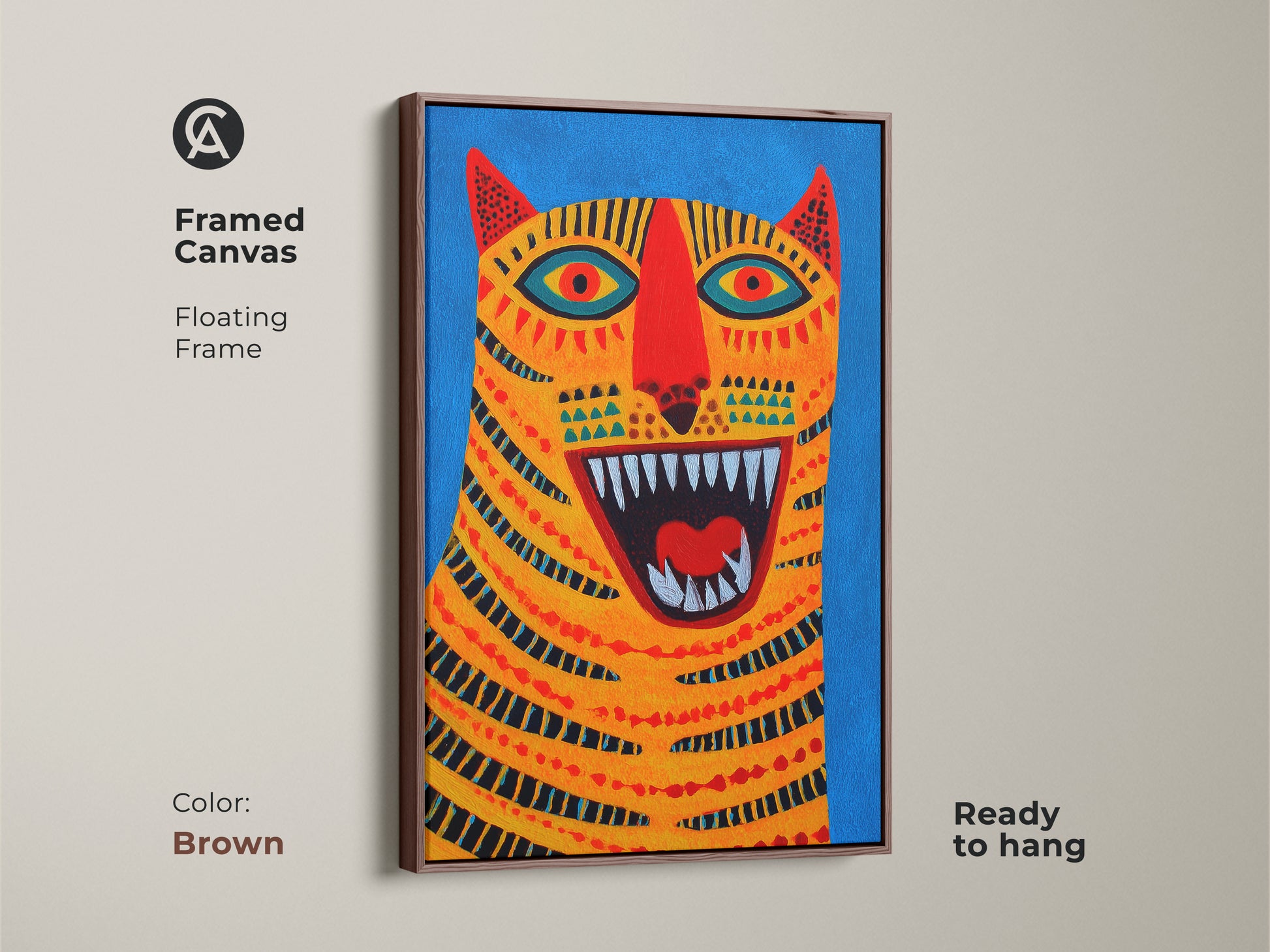 Framed Canvas Abstract Tiger Face Art in Brown Frame. A colorful animal canvas print with a floating frame. This blue orange yellow wall art is ready to hang. It will bring a bold yet whimsical energy to any bedroom or living space. Consider this for housewarmings.