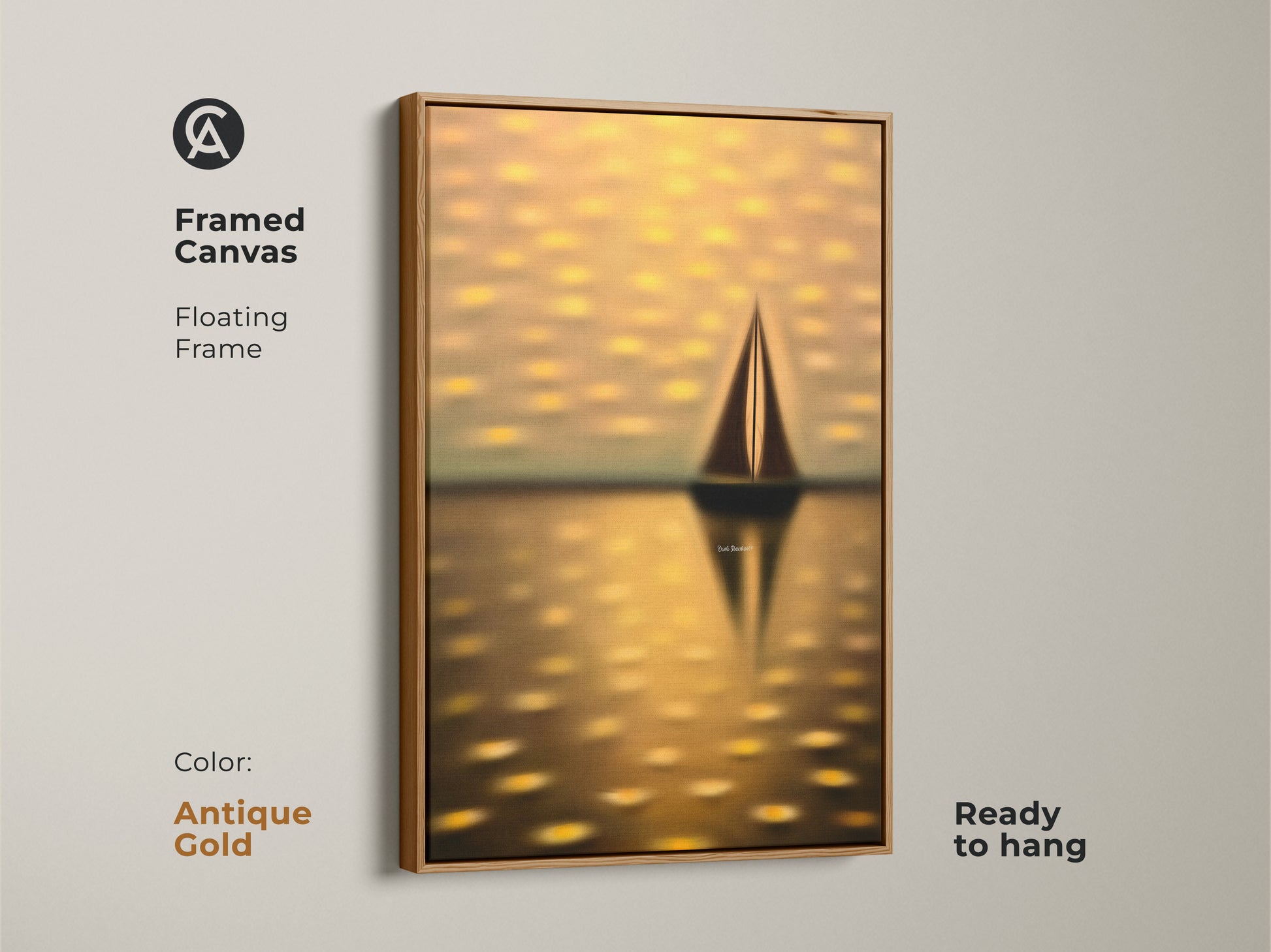 Framed canvas of a dreamy seascape with an antique gold floating frame. This ready-to-hang nautical art features a yellow gold sailboat. An ideal housewarming gift for coastal home decor.
