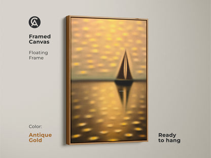 Framed canvas of a dreamy seascape with an antique gold floating frame. This ready-to-hang nautical art features a yellow gold sailboat. An ideal housewarming gift for coastal home decor.