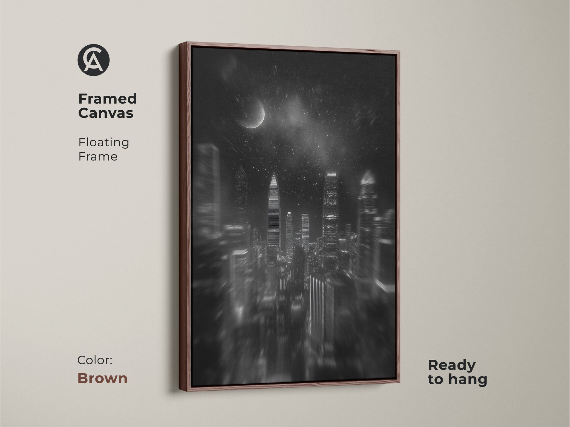 Brown framed canvas showing a floating frame. High contrast is shown in the monochrome cityscape. Ready to hang contemporary urban decor is displayed with a black and white city canvas.