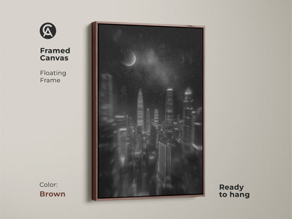 Brown framed canvas showing a floating frame. High contrast is shown in the monochrome cityscape. Ready to hang contemporary urban decor is displayed with a black and white city canvas.