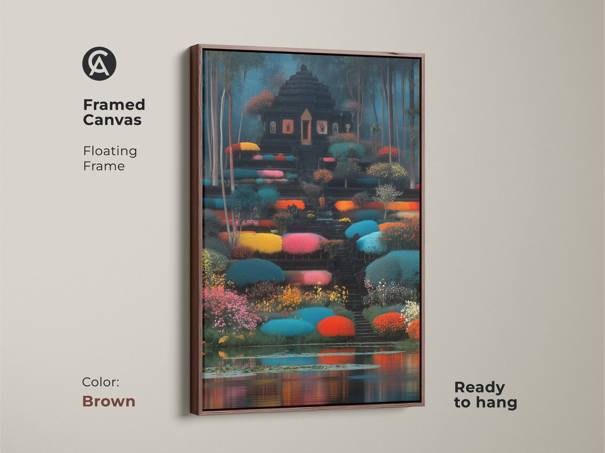 Framed canvas featuring vibrant garden art with a brown floating frame. This fantasy temple artwork adds a unique touch. Ready to hang and perfect for eclectic home decor. Ideal as a gift for travel enthusiasts.