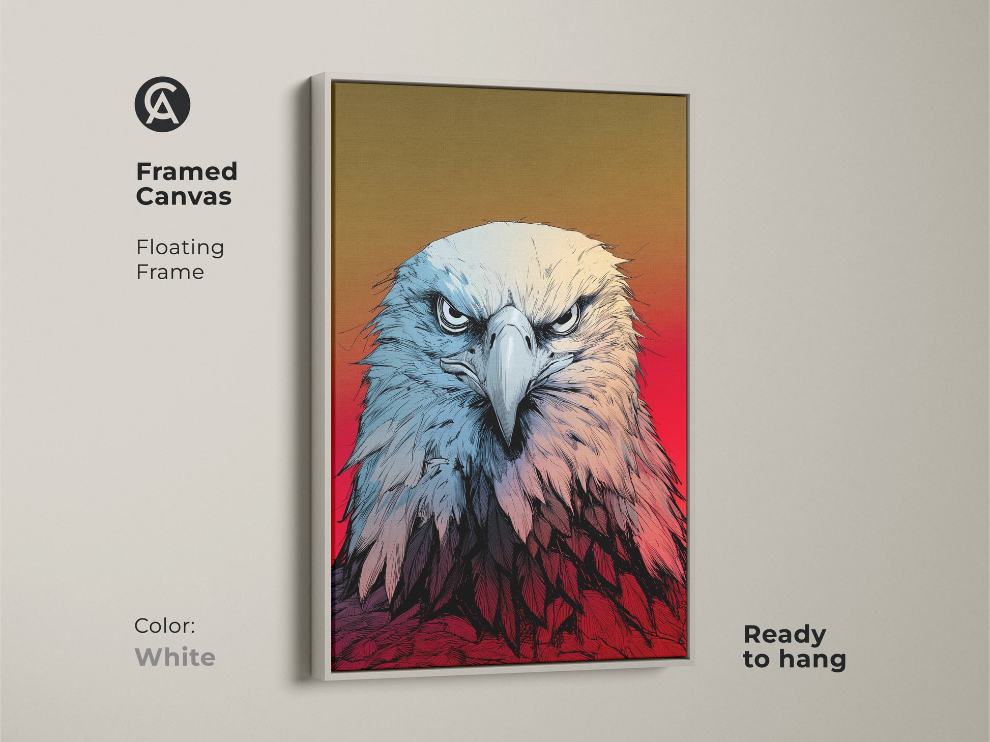 Brighten your space with white framed eagle canvas art. This patriotic wall decor showcases wildlife art in a modern style. The eagle head artwork serves as bold bird of prey decor. An excellent office wall art print and thoughtful gift.