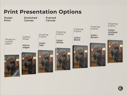 A variety of print presentation options are displayed. From poster prints to stretched canvas and framed canvas. The bison with leather jacket art is shown. Gallery wrap and museum-quality edges are available. There are floating frame colors to choose from. These include white black oak brown and antique gold.