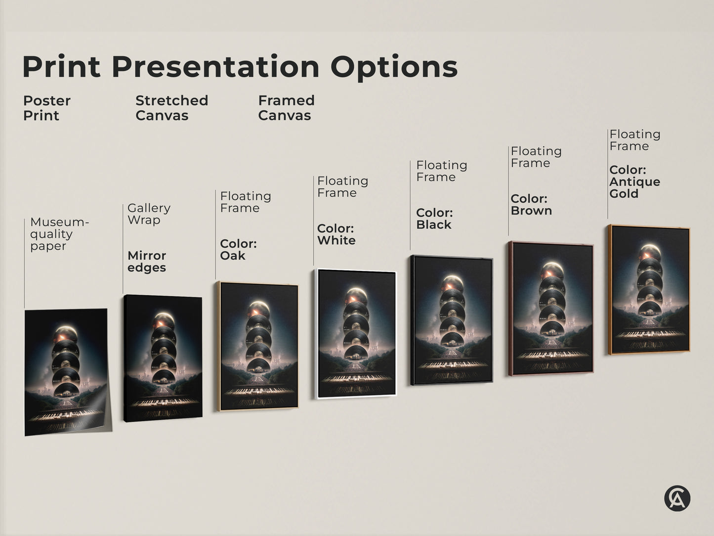 Print Presentation Options: Displaying poster prints stretched canvases and framed canvases of surreal music artwork. Floating frames in oak black brown antique gold and white are available. The cityscape vinyl record piano keyboard prints make great modern music decor.