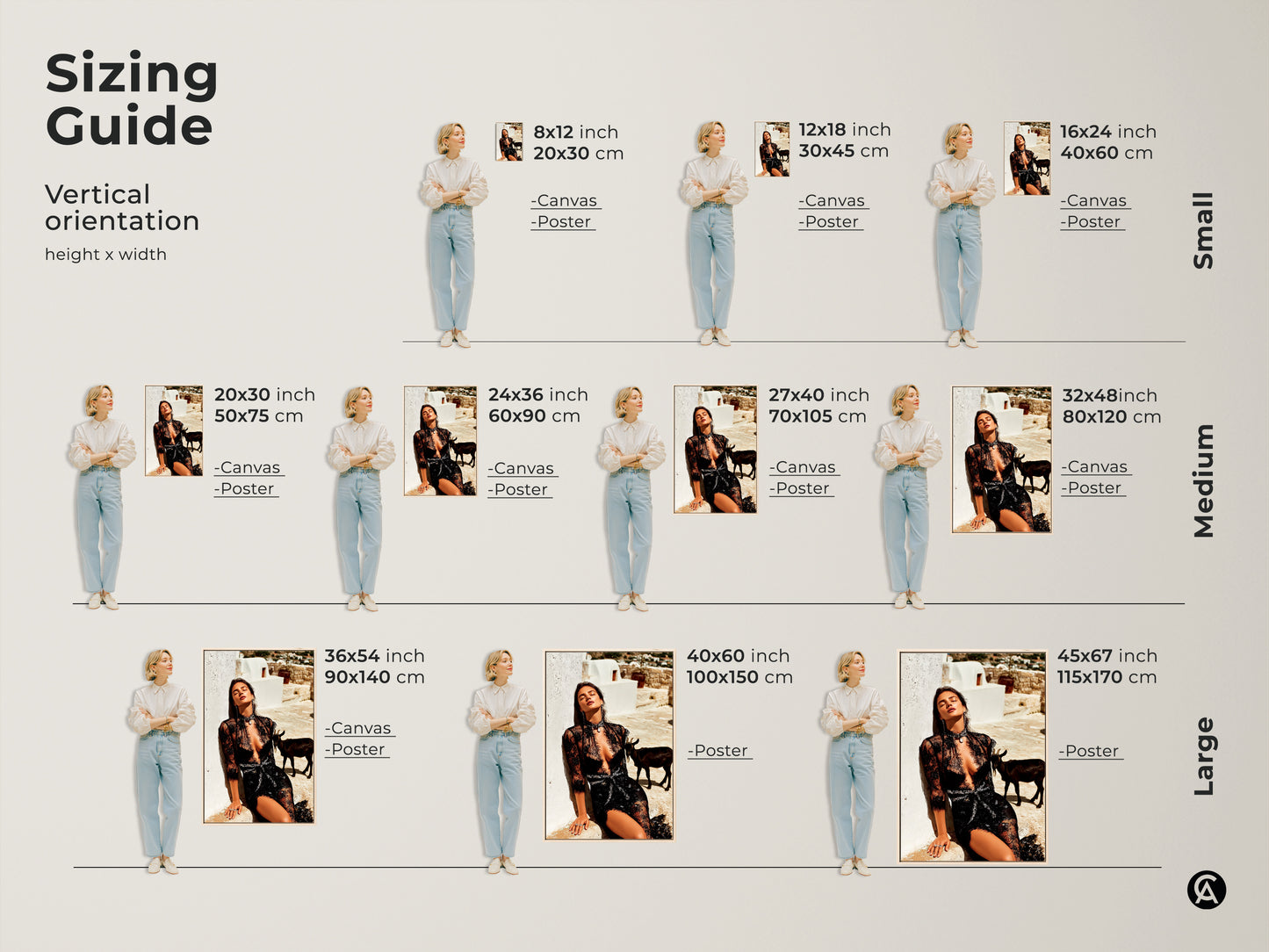 Sizing guide for the glamorous woman in black lace canvas artwork. Available in vertical orientation. Find small medium and large sizes for canvas and poster prints. Choose the perfect fit for your eclectic home decor. This is a unique fashion gift.