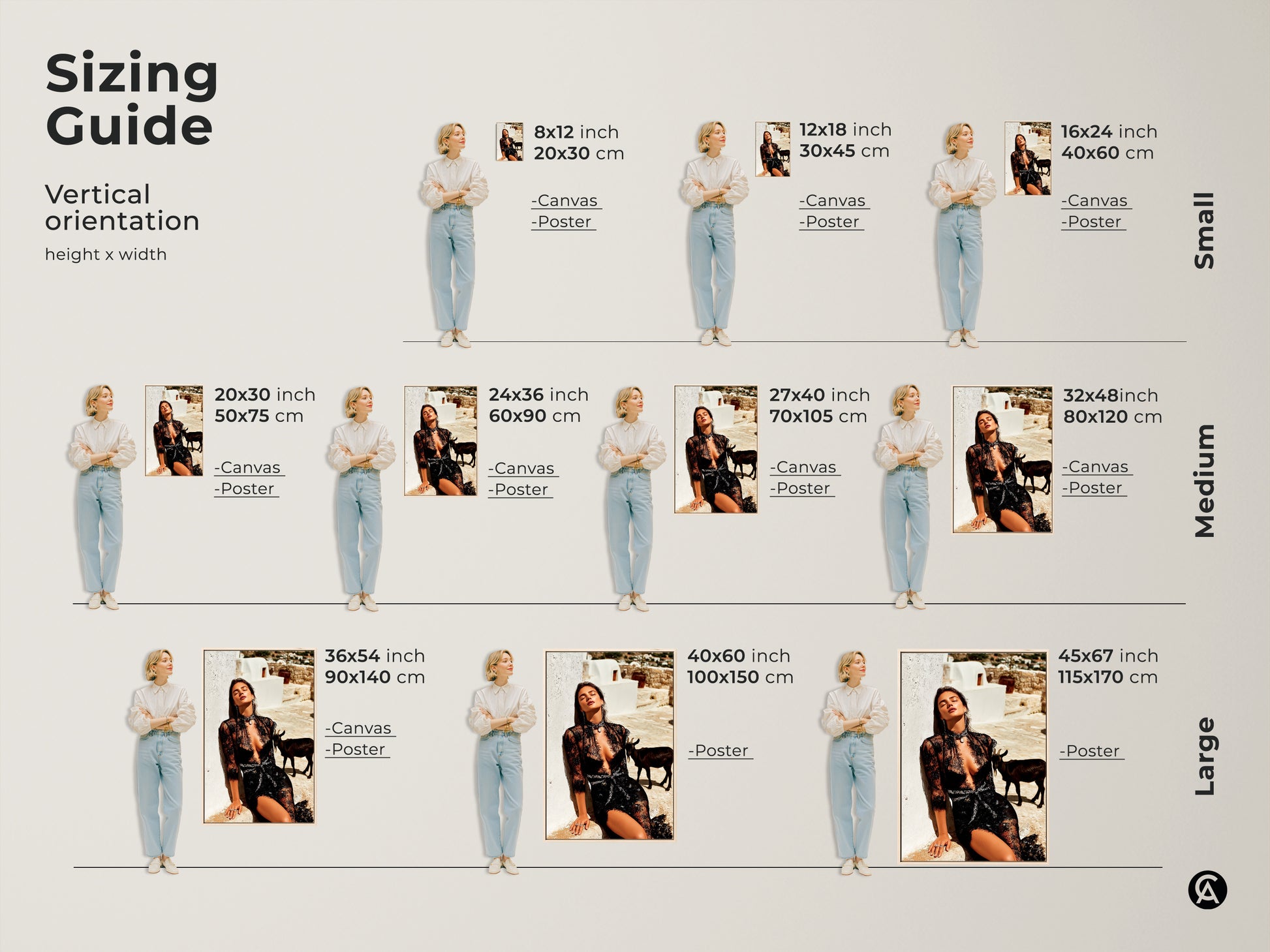 Sizing guide for the glamorous woman in black lace canvas artwork. Available in vertical orientation. Find small medium and large sizes for canvas and poster prints. Choose the perfect fit for your eclectic home decor. This is a unique fashion gift.