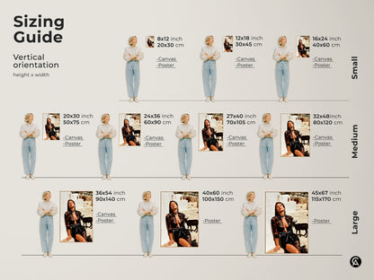 Sizing guide for the glamorous woman in black lace canvas artwork. Available in vertical orientation. Find small medium and large sizes for canvas and poster prints. Choose the perfect fit for your eclectic home decor. This is a unique fashion gift.