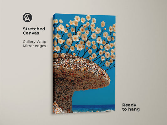 Stretched canvas art featuring a surreal botanical tree. Delicate white flowers contrast beautifully with the aqua blue background. This ready-to-hang artwork adds an eclectic and artistic touch to any room. The gallery wrap with mirror edges enhances its visual appeal.