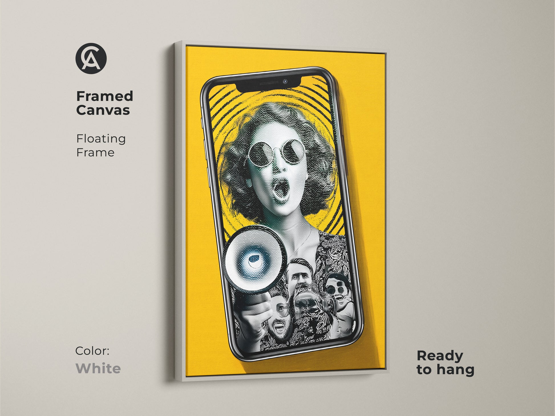 Framed canvas floating frame in white showcasing the pop art collage. This artwork features a woman with a megaphone. This media art print is ready to hang. It's vibrant office art. It will enhance creative workspace decor.