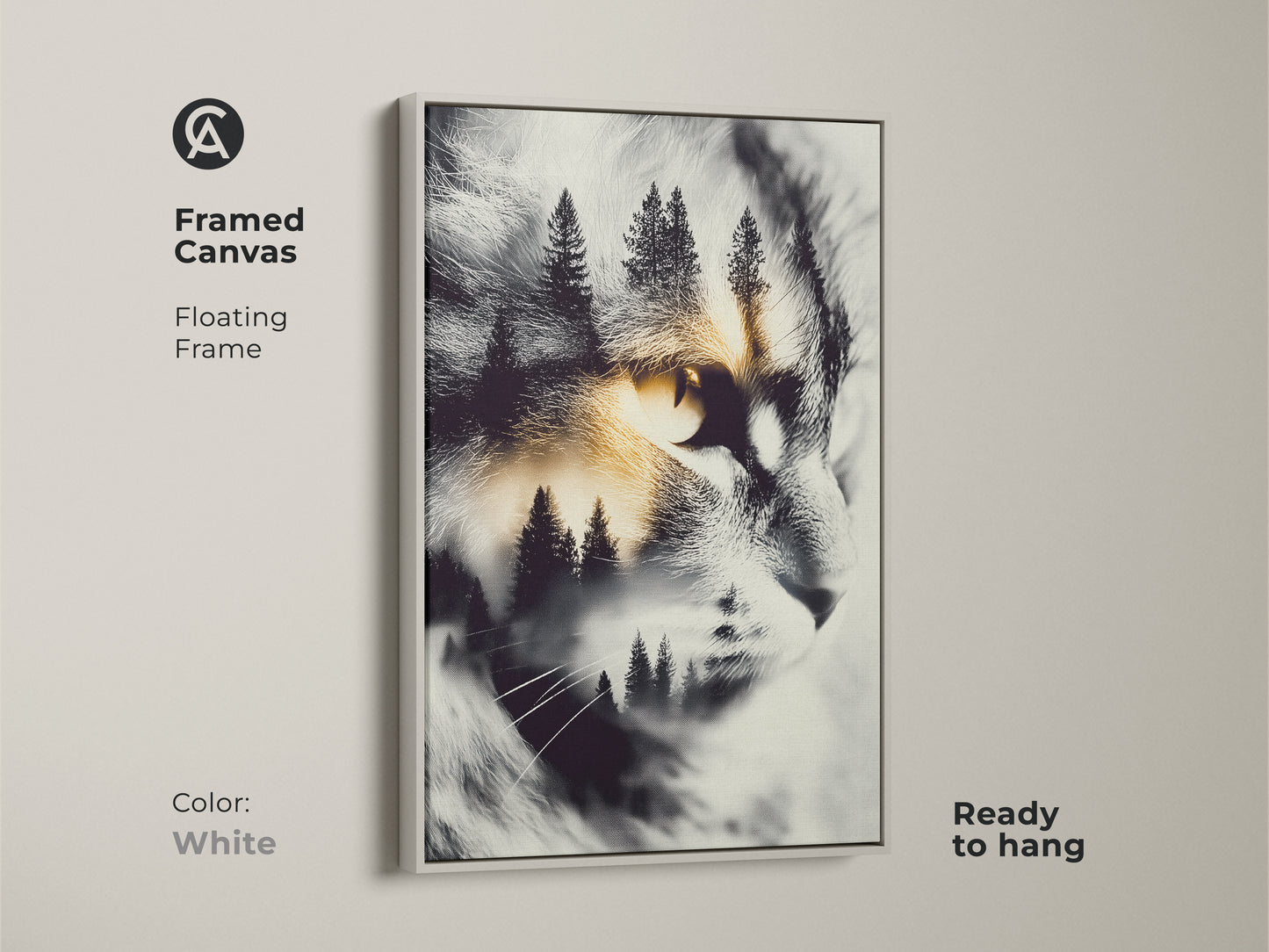 White framed canvas cat artwork. The artwork features a cat's face with a forest scene inside. It is a ready-to-hang animal art. This cat art comes with a clean white floating frame.