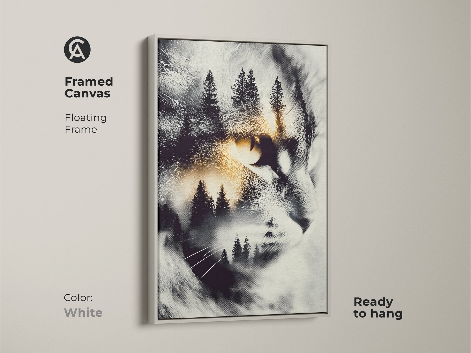White framed canvas cat artwork. The artwork features a cat's face with a forest scene inside. It is a ready-to-hang animal art. This cat art comes with a clean white floating frame.