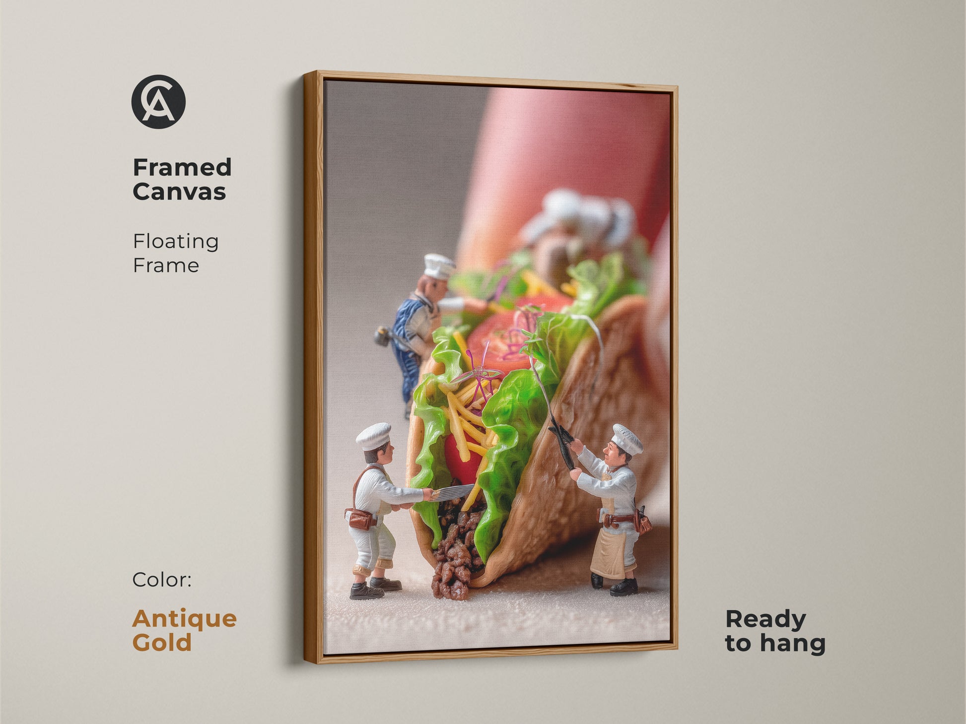 Framed canvas art featuring miniature chefs preparing a massive taco. The antique gold floating frame enhances this unique food art piece. Ready to hang and perfect for kitchen decor. A playful and artistic addition to any home. Buy now and bring culinary creativity to your walls