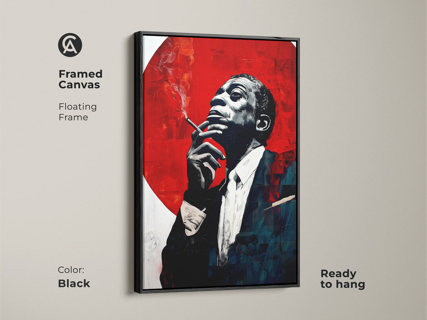 Black framed canvas of a jazz musician portrait. Floating frame complements the black white and crimson abstract. Ready to hang expressive artwork ideal for a music room or office. Makes a cool jazz poster.