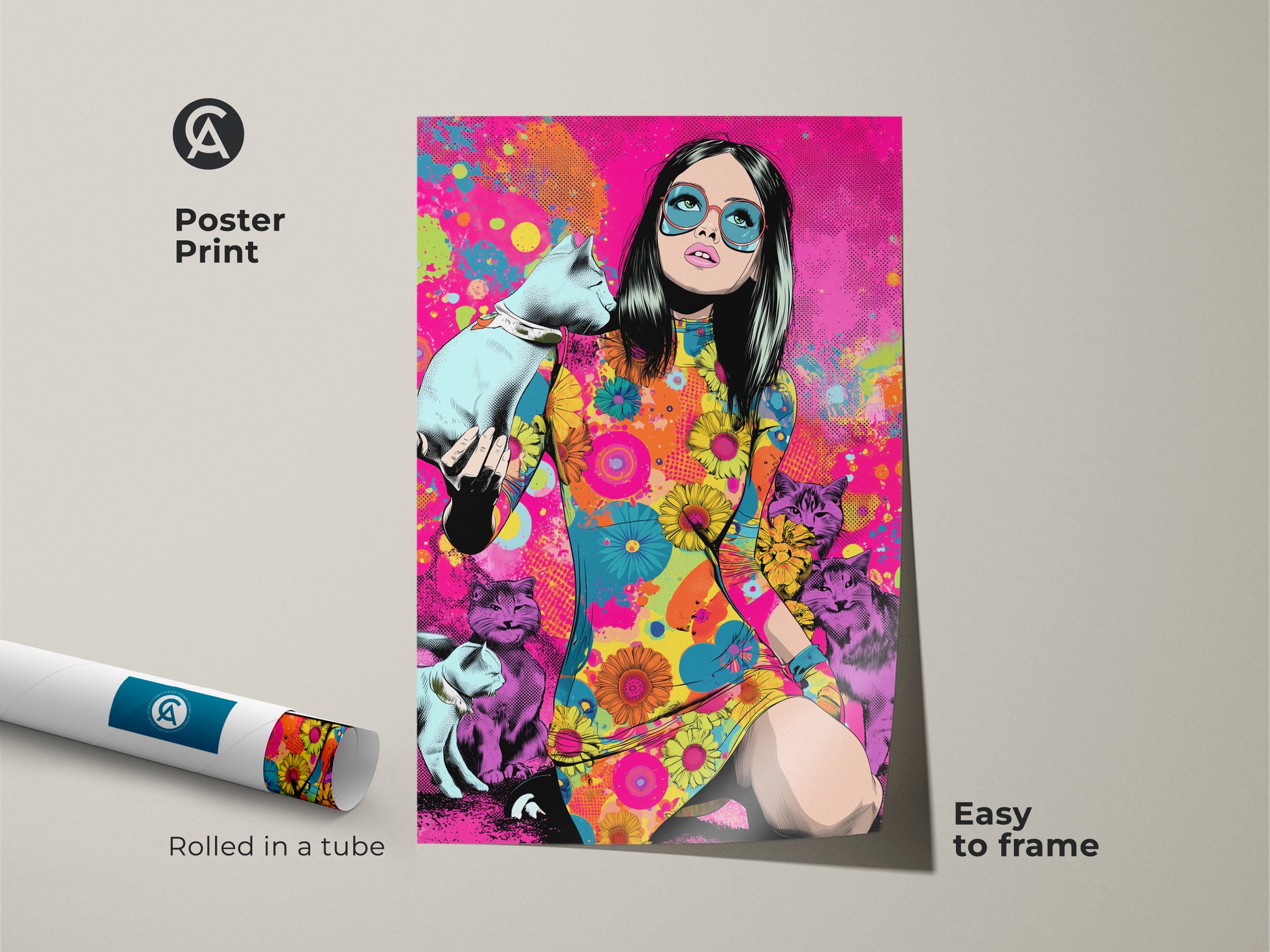 A poster print displays a psychedelic pop art image of a woman with cats. Rolled in a tube it is easy to frame. This retro-style artwork brings a unique touch with its bright colors perfect for eclectic wall art.