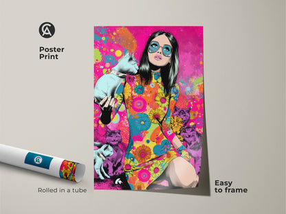 A poster print displays a psychedelic pop art image of a woman with cats. Rolled in a tube it is easy to frame. This retro-style artwork brings a unique touch with its bright colors perfect for eclectic wall art.