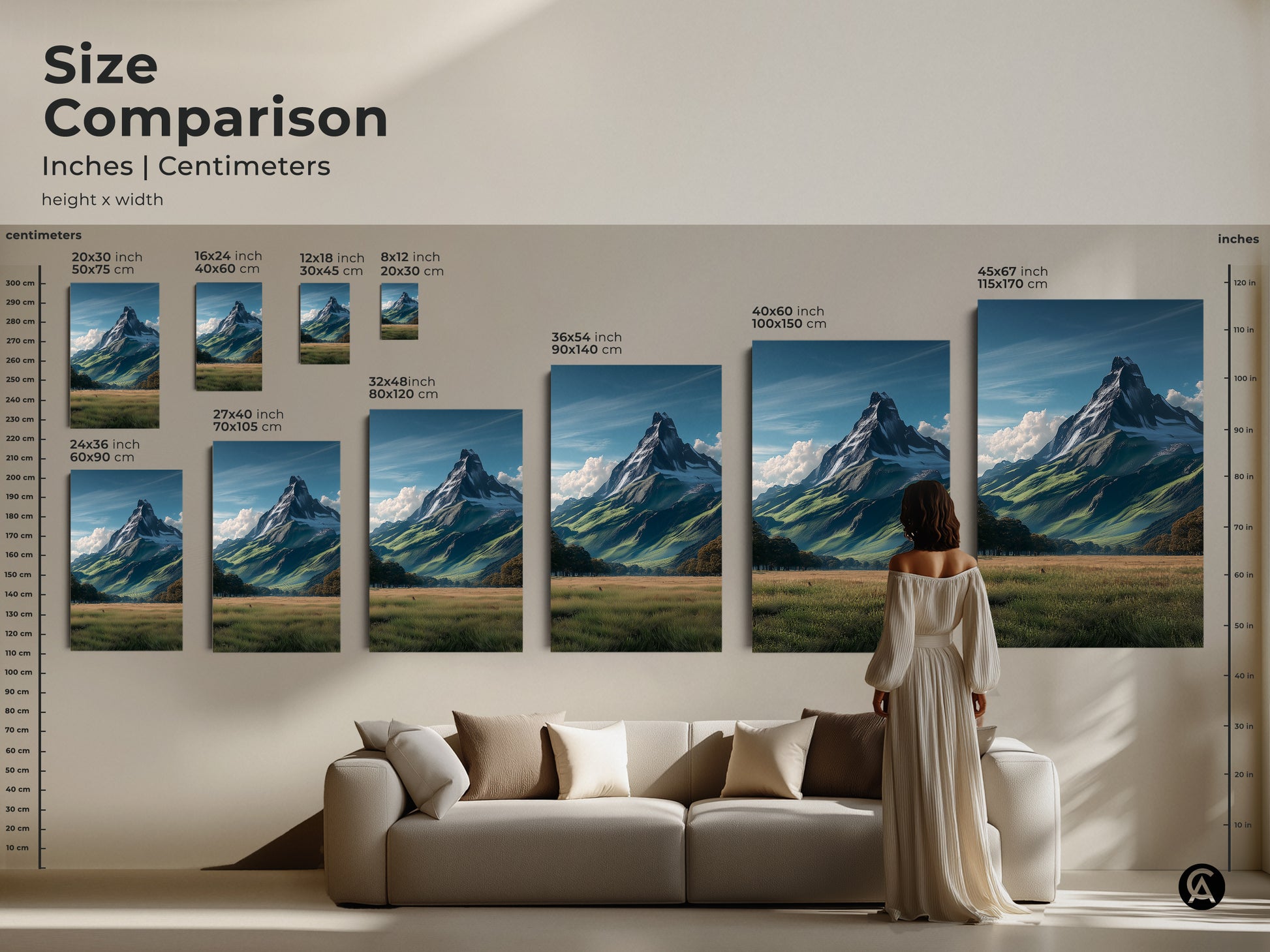 Size comparison showcasing the realistic snowy mountain peak canvas art in various dimensions. The artwork is displayed in inches and centimeters. Perfect for selecting the ideal size for your home decor needs from small to large.