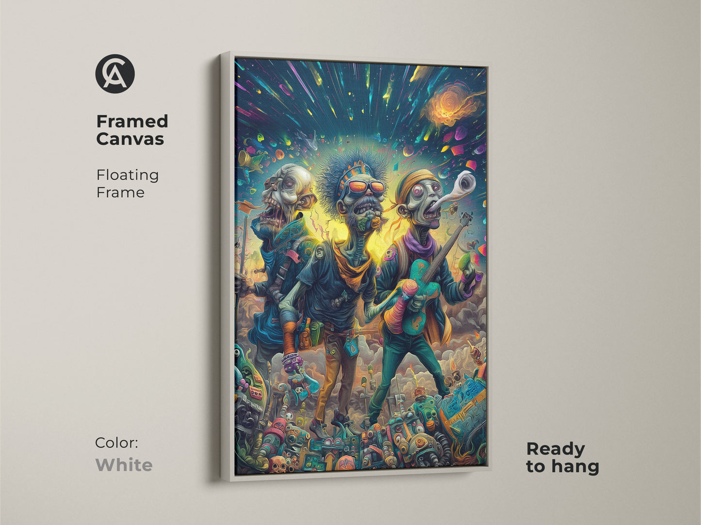 Framed canvas art print of a zombie band. The artwork features three undead musicians rocking out under a colorful cosmic sky. The canvas is set in a clean white floating frame and is ready to hang. Perfect for adding a modern touch to your home decor.