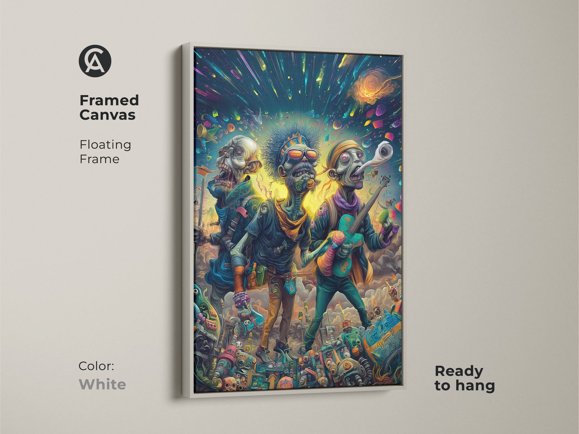 Framed canvas art print of a zombie band. The artwork features three undead musicians rocking out under a colorful cosmic sky. The canvas is set in a clean white floating frame and is ready to hang. Perfect for adding a modern touch to your home decor.