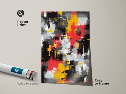 Poster print of a modern abstract painting rolled in a tube. This colorful art features bold brushstrokes of black red and yellow. The contemporary artwork is easy to frame. A great choice for decorating any space.