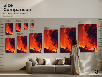 Size comparison of abstract figurative artwork. See how the art fits above a sofa. Dimensions vary from small to extra large. Perfect for adding a dramatic focal point to your living room.