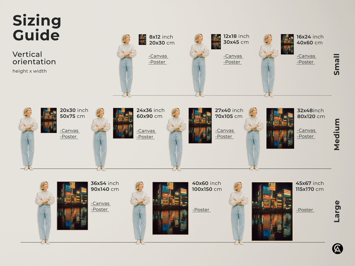 Sizing guide for vertical orientation of Japanese neon cityscape art. Available as canvas or poster. Find the perfect fit for your space from small to large sizes. This wall art brings urban nightlife to any room.