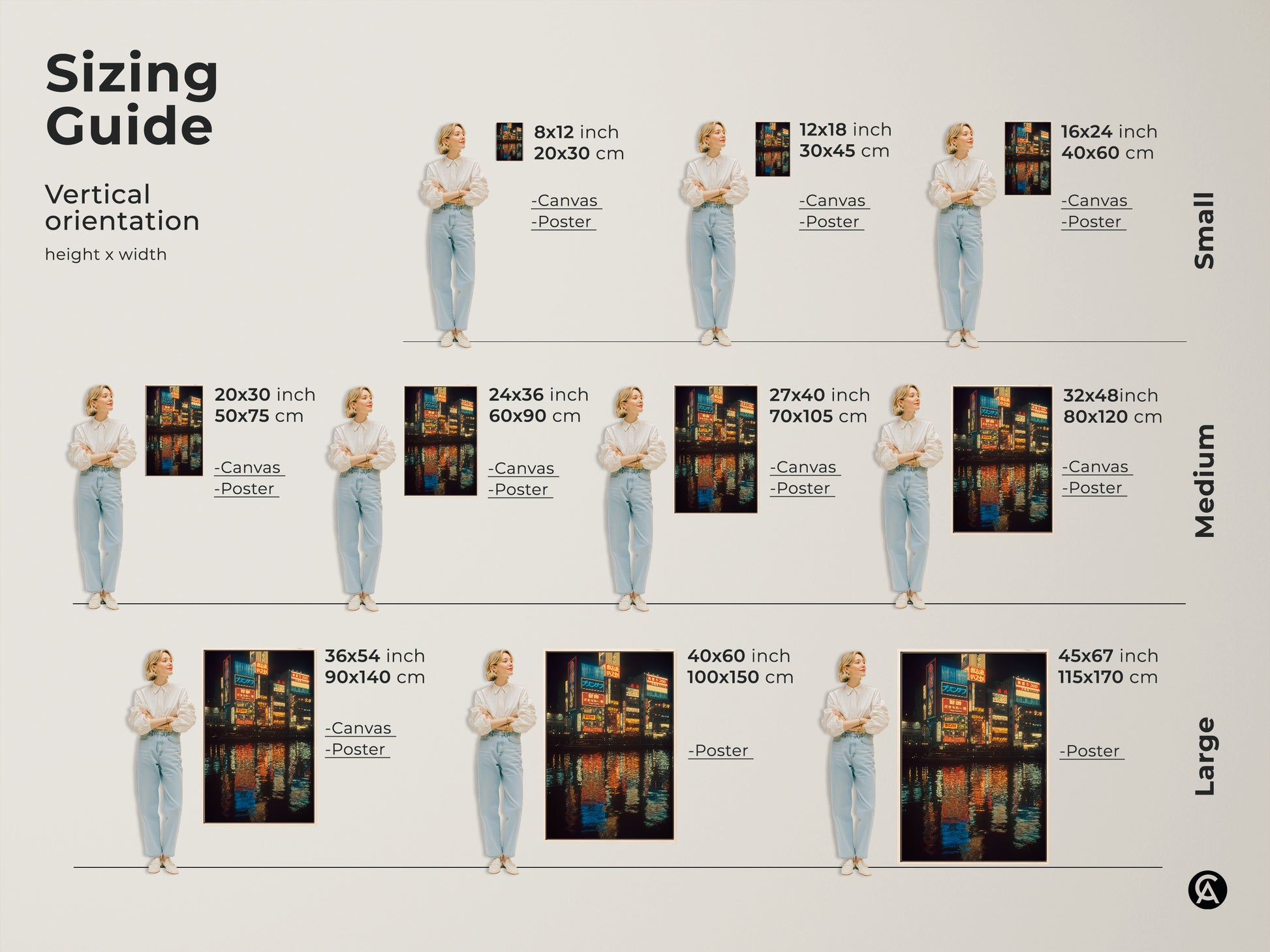 Sizing guide for vertical orientation of Japanese neon cityscape art. Available as canvas or poster. Find the perfect fit for your space from small to large sizes. This wall art brings urban nightlife to any room.