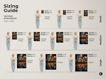 Sizing guide for vertical orientation of Japanese neon cityscape art. Available as canvas or poster. Find the perfect fit for your space from small to large sizes. This wall art brings urban nightlife to any room.