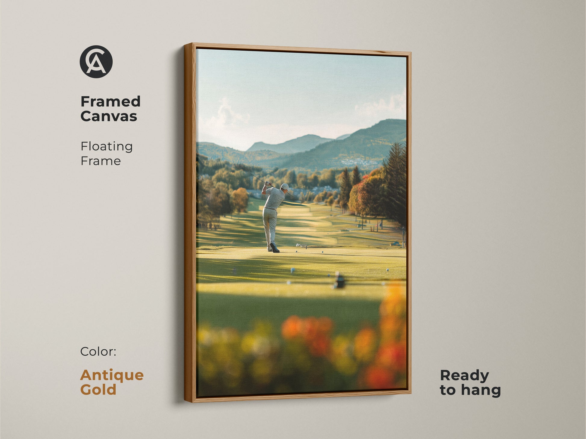 Framed golf artwork on canvas with a floating frame in antique gold. The golfer is captured at the moment of striking the golf ball. The ready-to-hang art piece adds a touch of sophistication to your decor. The antique gold frame complements the natural scenery.