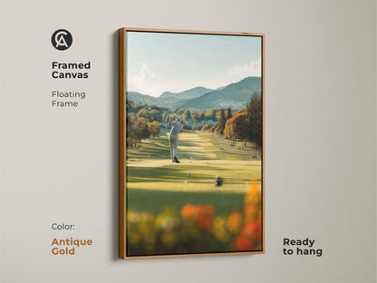 Framed golf artwork on canvas with a floating frame in antique gold. The golfer is captured at the moment of striking the golf ball. The ready-to-hang art piece adds a touch of sophistication to your decor. The antique gold frame complements the natural scenery.