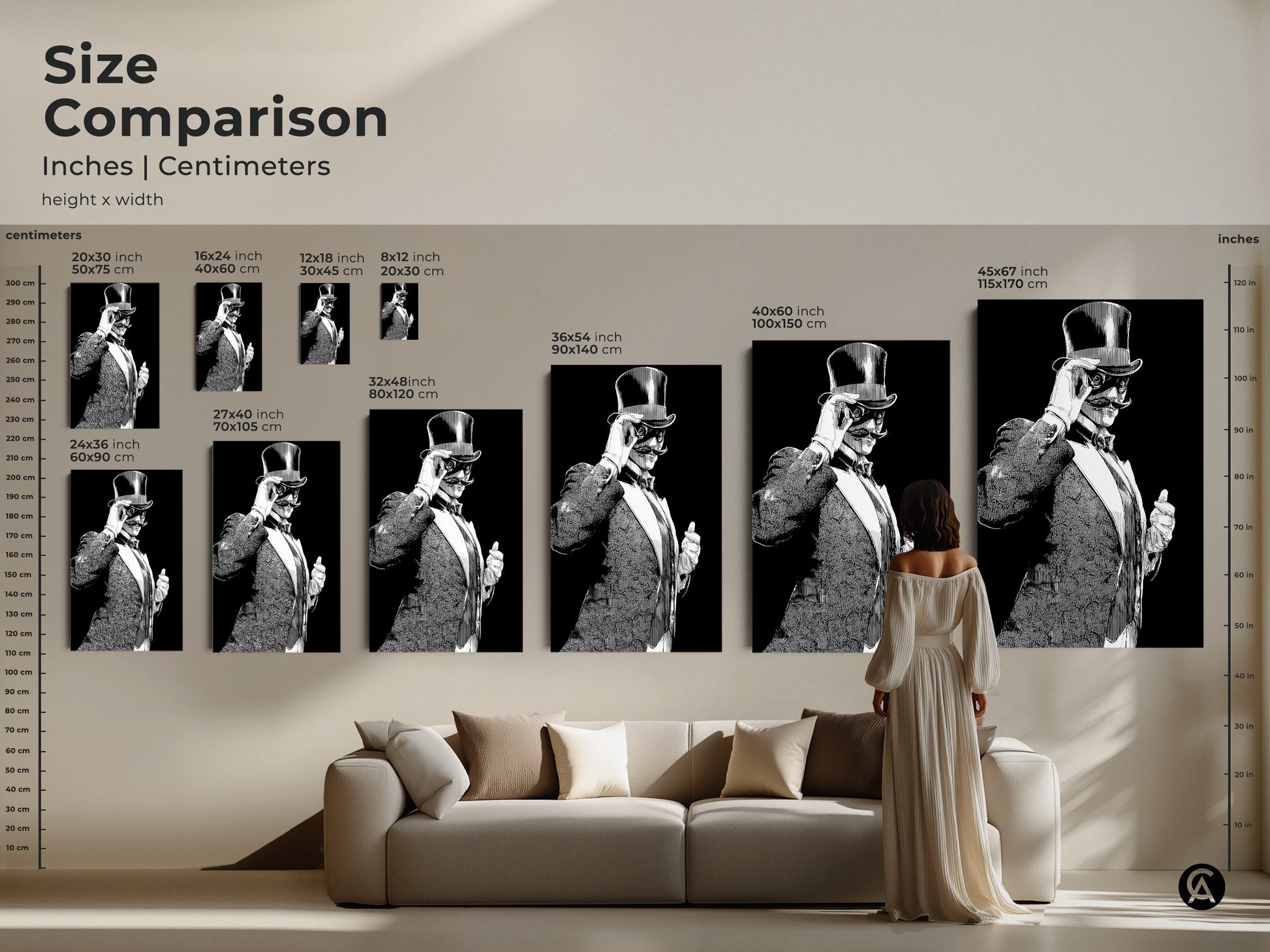 Size comparison of a art deco gentleman illustration. A vintage man with a top hat in sizes ranging from small to large. Displaying the artwork above a sofa shows scale perfect for home decor.