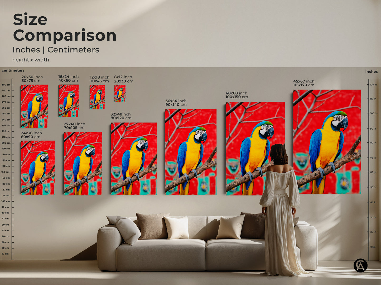 Size comparison of blue yellow macaw artwork. See the scale of canvas prints in inches and centimeters. An ideal animal lover gift idea. Enhance your modern eclectic decor today.