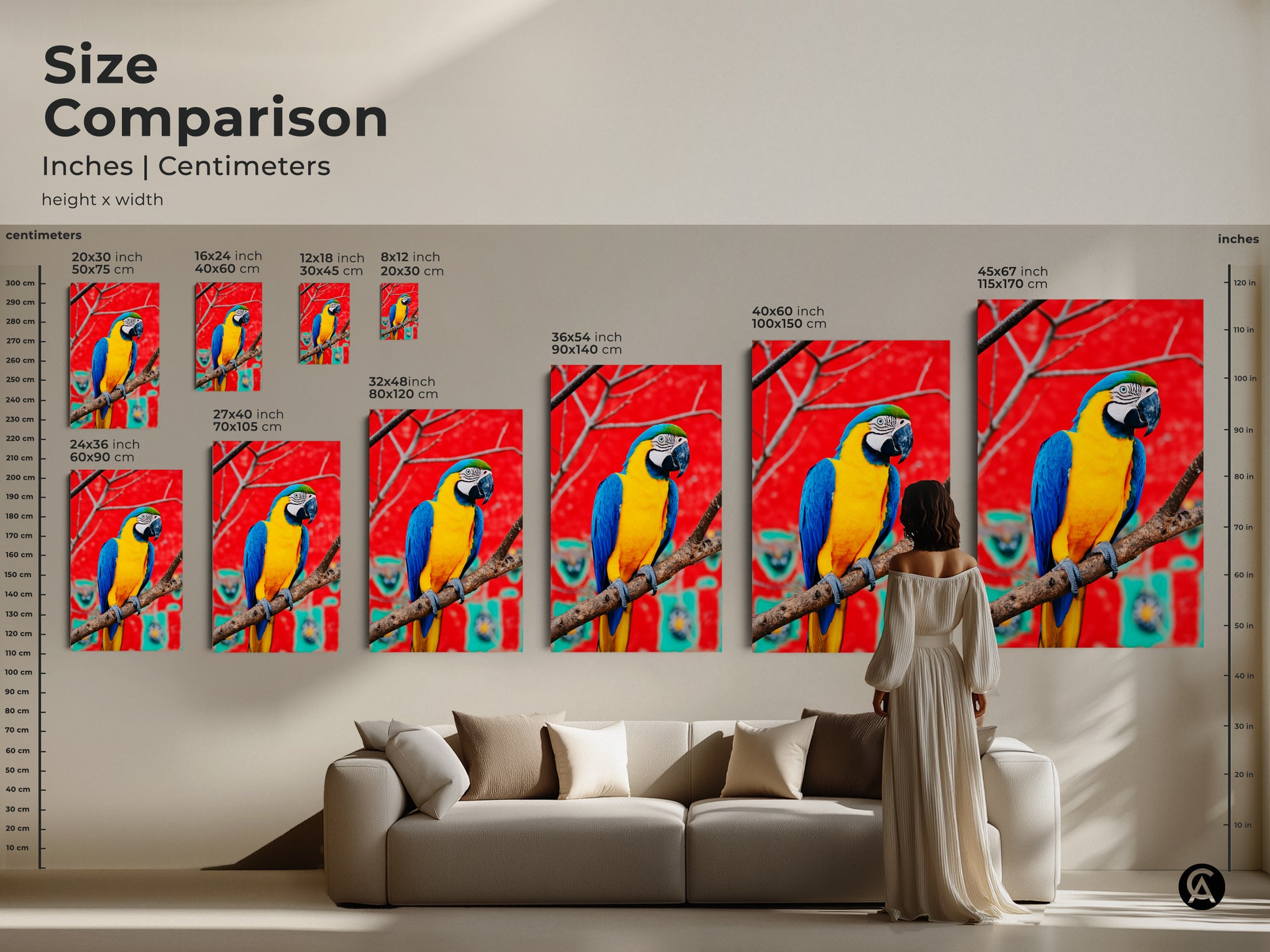 Size comparison of blue yellow macaw artwork. See the scale of canvas prints in inches and centimeters. An ideal animal lover gift idea. Enhance your modern eclectic decor today.