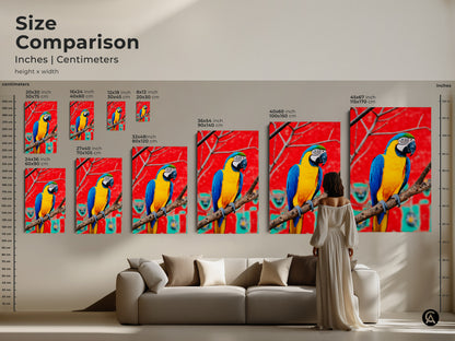 Size comparison of blue yellow macaw artwork. See the scale of canvas prints in inches and centimeters. An ideal animal lover gift idea. Enhance your modern eclectic decor today.