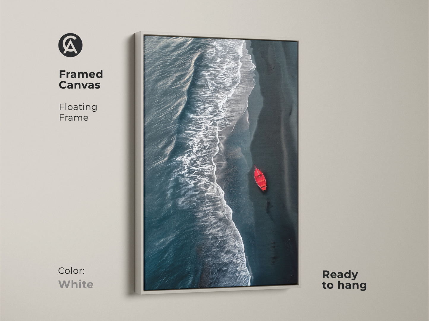 Framed minimalist ocean art. Aerial view of deep teal coastal waves and a striking red boat artwork. Perfect beach wall decor for coastal homes. The print brings modern seascape serenity to any room. A great housewarming gift for ocean lovers. White frame.