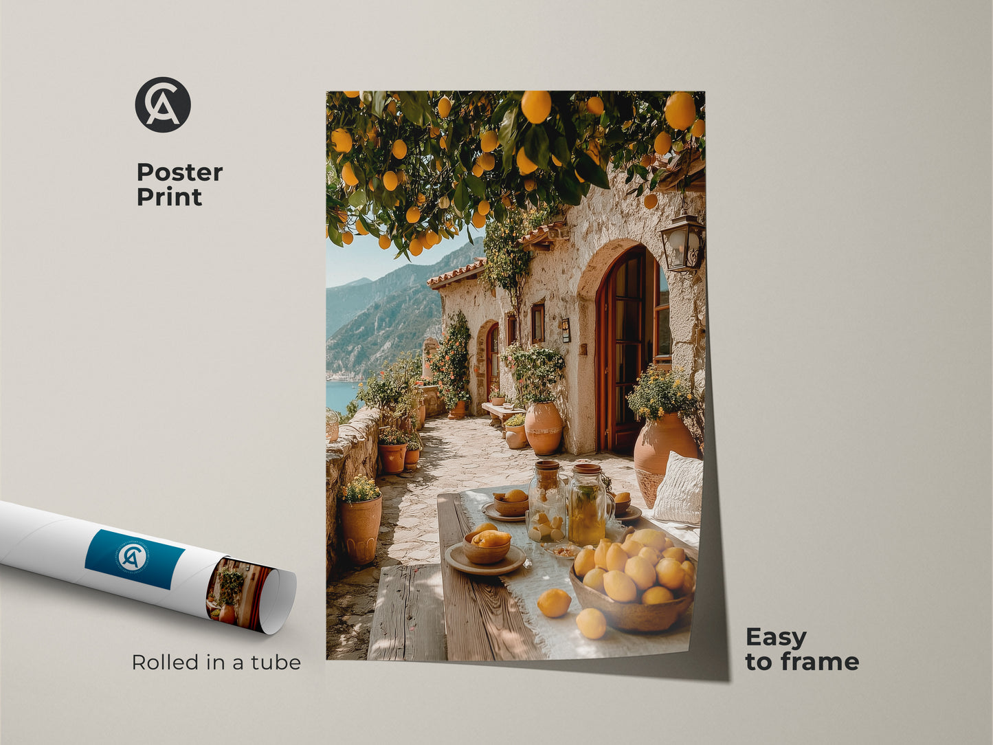 This Italian landscape canvas art is a Mediterranean lemon tree art print. It comes as a poster print rolled in a tube for easy framing. The yellow and blue Mediterranean decor adds rustic charm to dining rooms. It is an ideal housewarming gift.