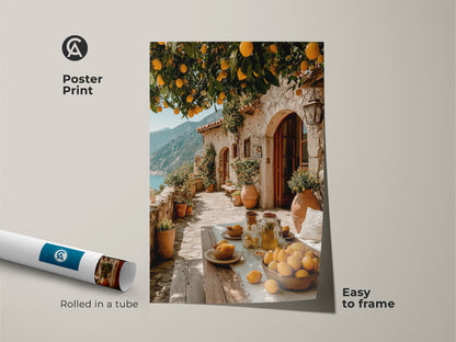 This Italian landscape canvas art is a Mediterranean lemon tree art print. It comes as a poster print rolled in a tube for easy framing. The yellow and blue Mediterranean decor adds rustic charm to dining rooms. It is an ideal housewarming gift.