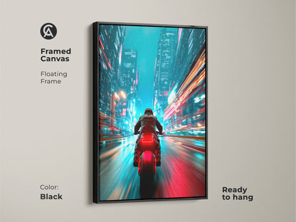 Framed canvas of a cyberpunk cityscape. A rider speeds through a futuristic city on a motorcycle. The black floating frame adds a contemporary touch. This neon blue and red art print is ready to hang. It's perfect for tech themed wall art.