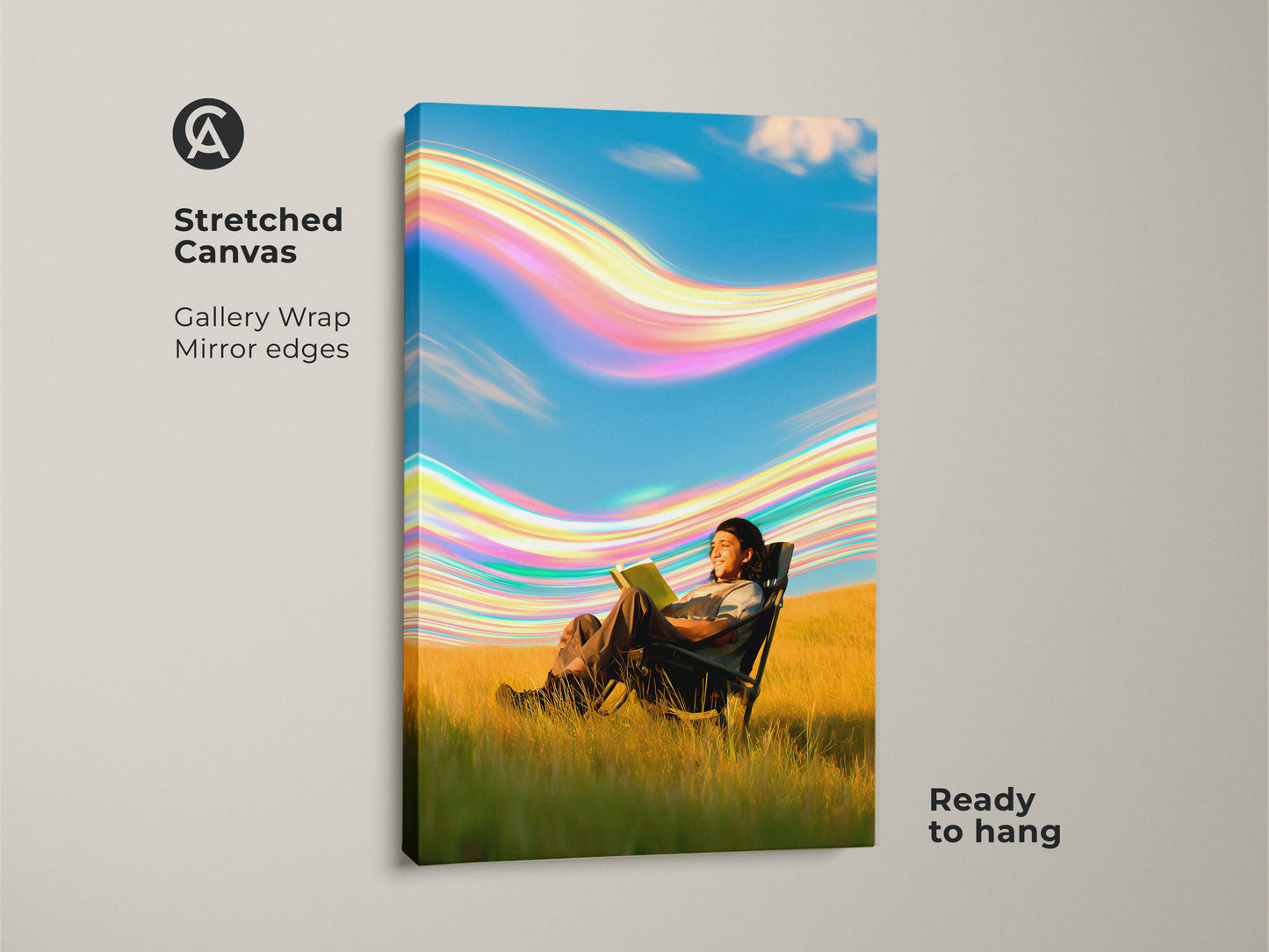 A surreal person is reading in a field in this stretched canvas print. The gallery wrap has mirror edges. The boho sky artwork is ready to hang. It features blue green and yellow colors. It is calming and imaginative art for bedrooms or offices.