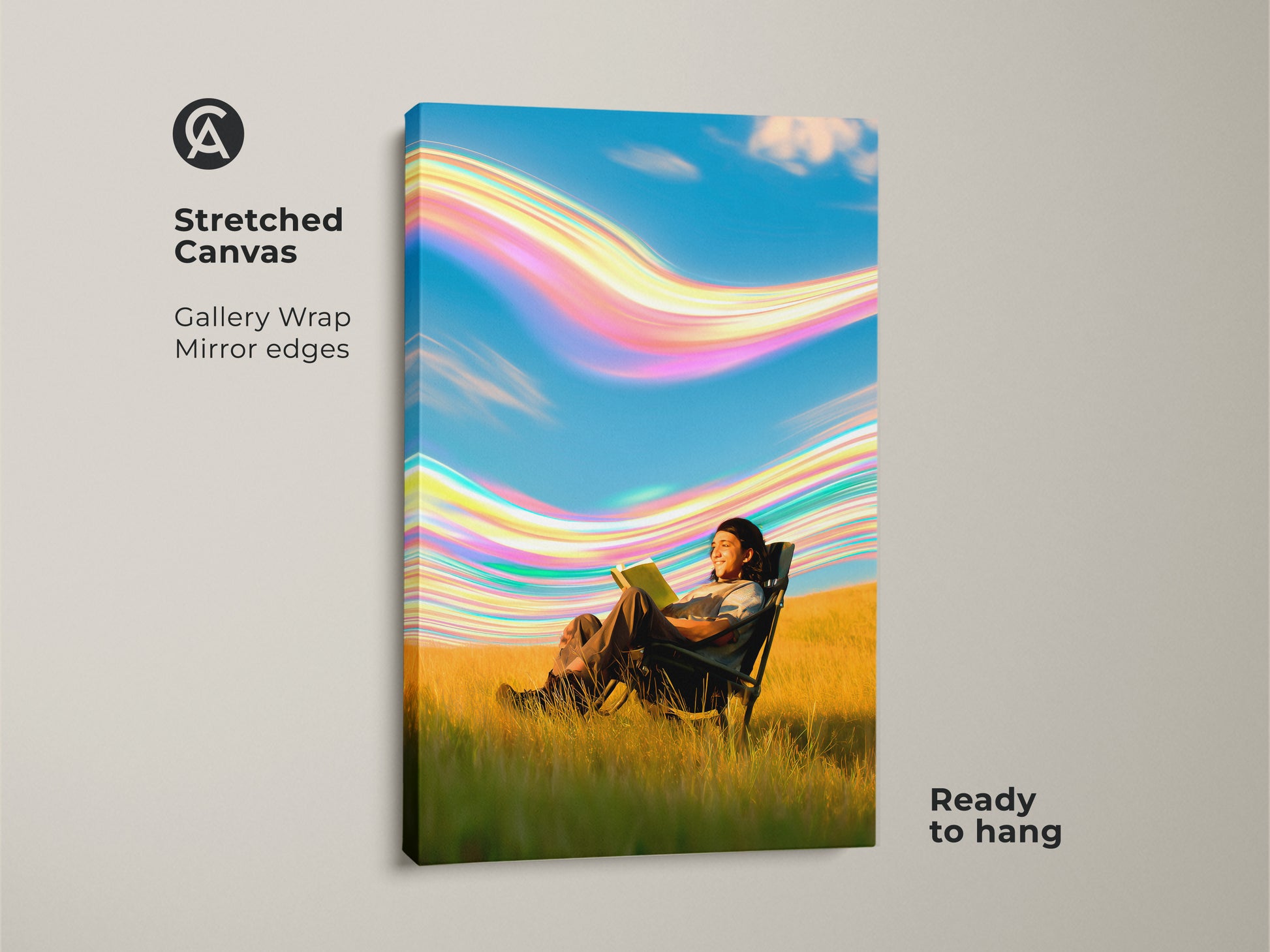 A surreal person is reading in a field in this stretched canvas print. The gallery wrap has mirror edges. The boho sky artwork is ready to hang. It features blue green and yellow colors. It is calming and imaginative art for bedrooms or offices.
