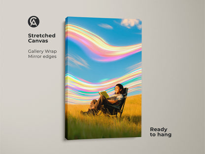 A surreal person is reading in a field in this stretched canvas print. The gallery wrap has mirror edges. The boho sky artwork is ready to hang. It features blue green and yellow colors. It is calming and imaginative art for bedrooms or offices.