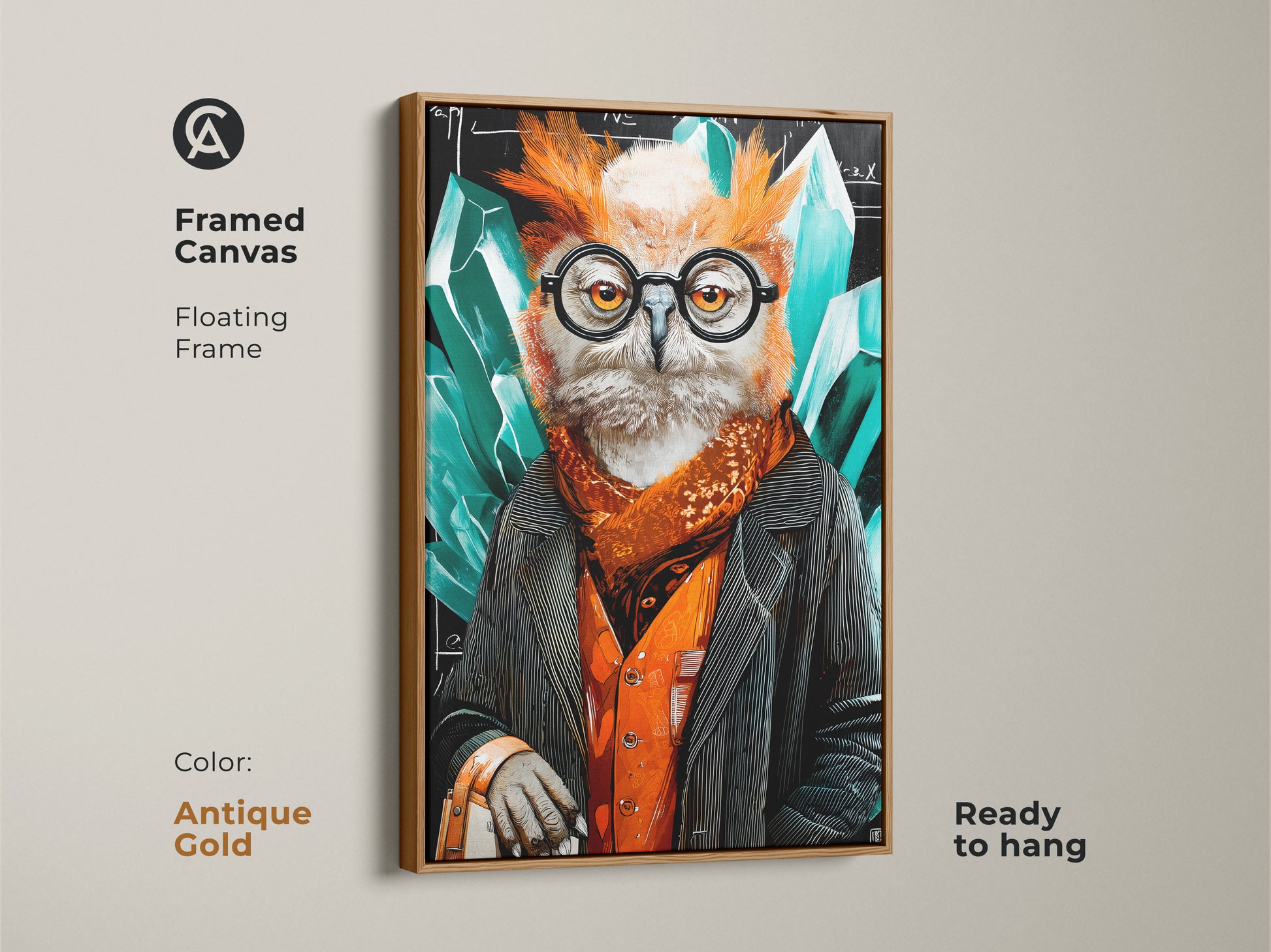 Framed canvas of the surrealist professor owl artwork. The antique gold floating frame enhances the emerald and orange. The black tones create a striking wall art piece. Ideal for professor office decor or eclectic wall hanging. Its crystal abstract accents add a touch of sophistication and wisdom.