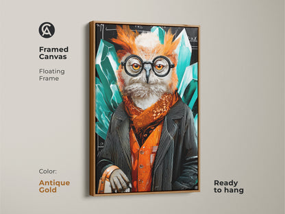 Framed canvas of the surrealist professor owl artwork. The antique gold floating frame enhances the emerald and orange. The black tones create a striking wall art piece. Ideal for professor office decor or eclectic wall hanging. Its crystal abstract accents add a touch of sophistication and wisdom.