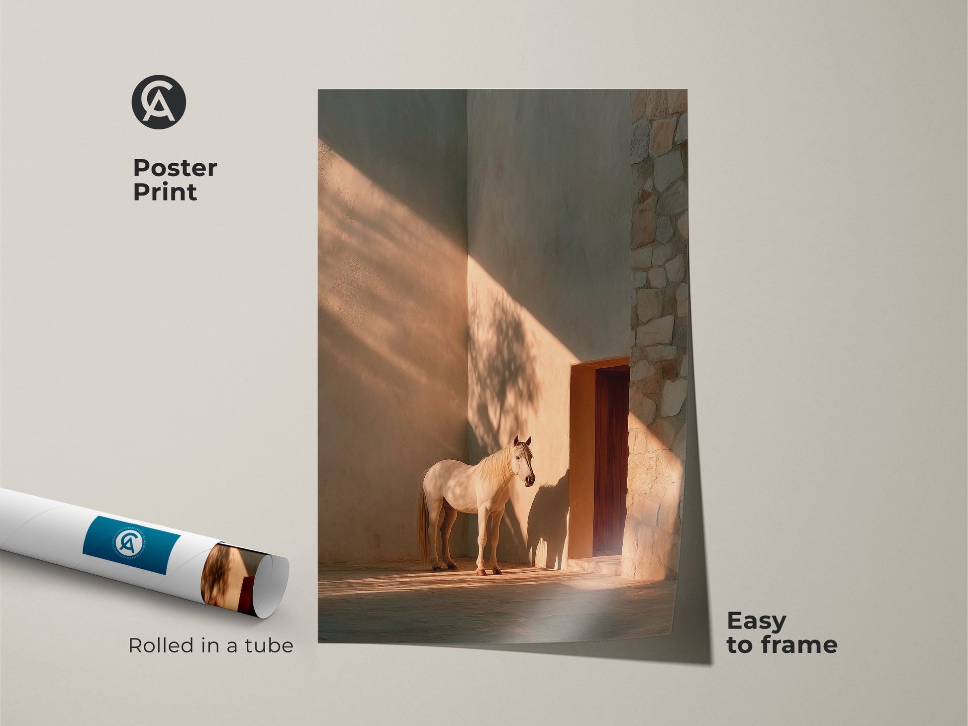 Poster print of minimalist horse wall art with warm ochre tones. Beige horse artwork is easy to frame and perfect for modern decor. This photorealistic horse print makes a thoughtful equestrian gift. Rolled in a tube for protection this animal wall art is ideal for residential spaces. The art captures golden hour light.