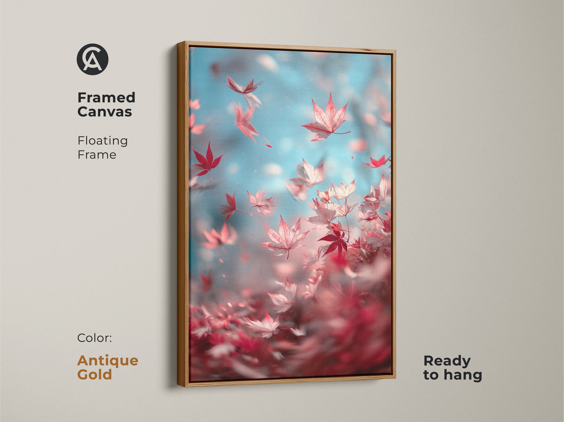 Framed canvas artwork featuring red maple leaves against a light blue sky. The floating frame has an antique gold finish. This refined art print is ready to hang and adds elegance to any room.