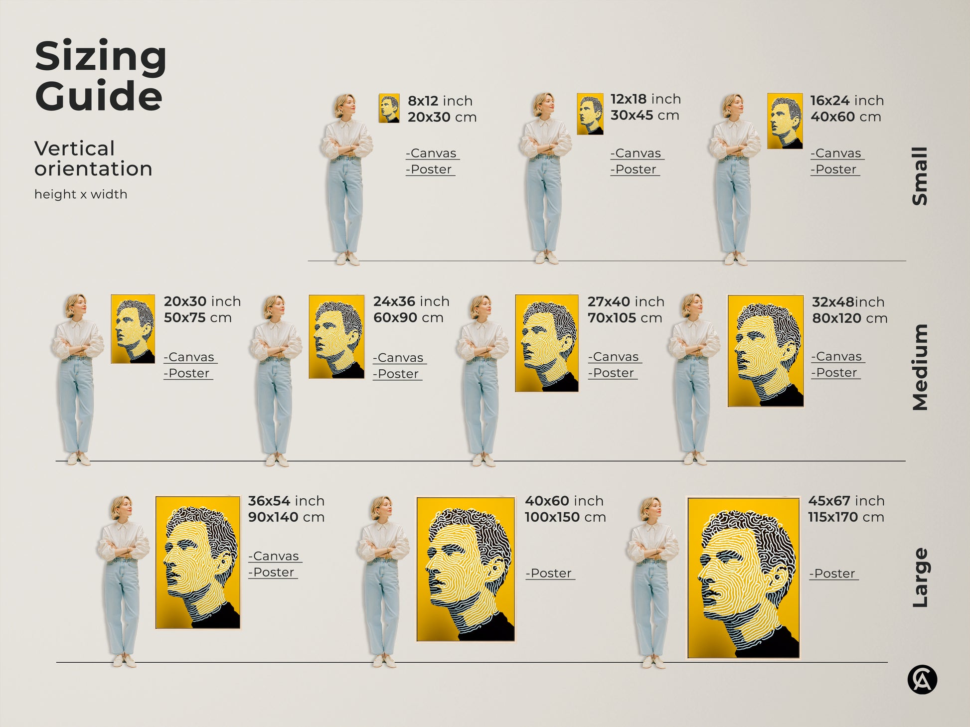 Sizing guide for this modern portrait art print. See how the artwork looks in various sizes. Available as canvas or poster prints. Find the perfect fit for your space. Transform your walls with this unique artwork.
