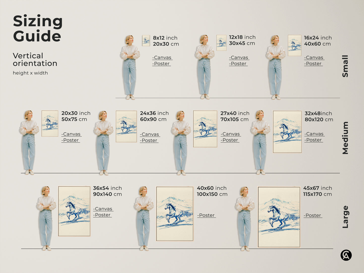 Sizing guide for vertical orientation art prints available as canvas or poster. Small sizes are 8x12 inch to 16x24 inch. Medium sizes are 20x30 inch to 32x48 inch. Large sizes are 36x54 inch to 45x67 inch. This rustic blue line art horse suits any space.