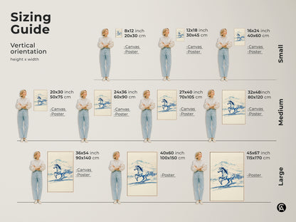 Sizing guide for vertical orientation art prints available as canvas or poster. Small sizes are 8x12 inch to 16x24 inch. Medium sizes are 20x30 inch to 32x48 inch. Large sizes are 36x54 inch to 45x67 inch. This rustic blue line art horse suits any space.