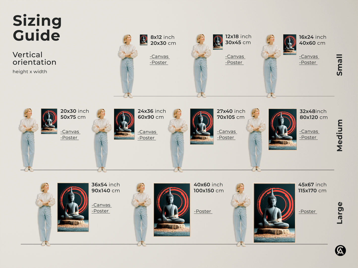 Sizing guide for Japandi Zen Buddha art prints. Vertical orientation options are shown in small medium and large. Visualize the impact of canvas and poster prints. Find the perfect fit for your minimalist meditation wall decor. Transform your space now.